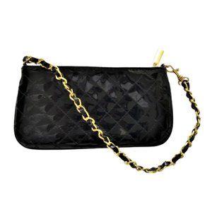 Mini Black Patent Leather Quilted Chain Strap Wristlet